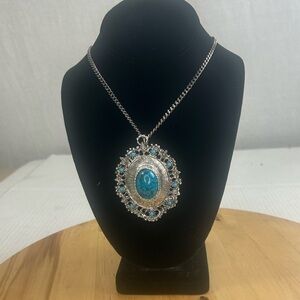 Vintage Turquoise and Silver Colored Medallion Necklace Southwestern